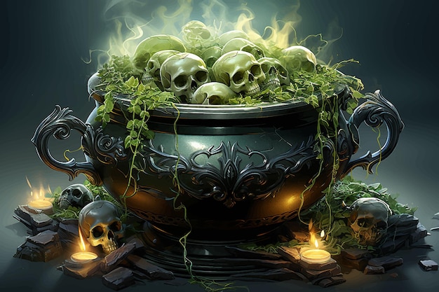 Vector black cauldron with green witches magic broth