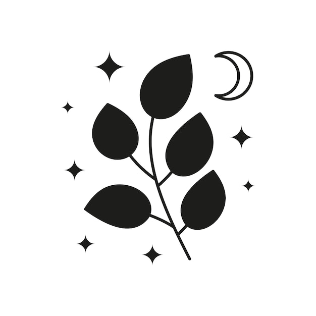 Black celestial leafy branch and stars crescent moon