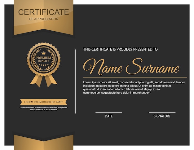 Black certificate template with golden medal