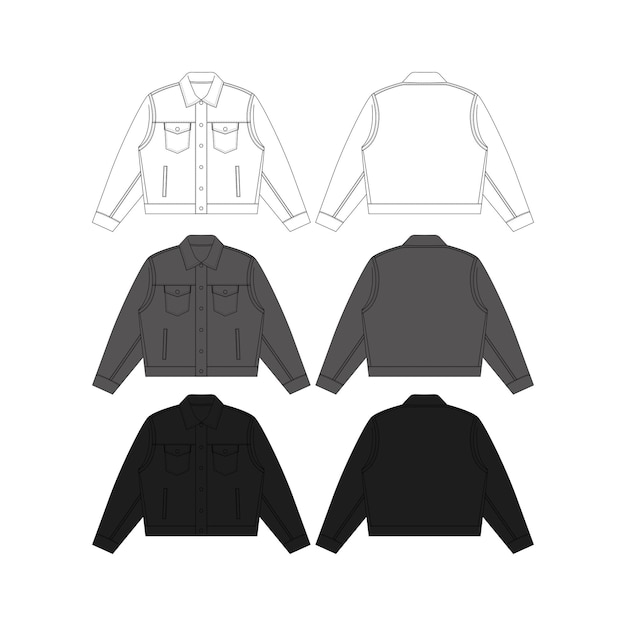 Vector black classic denim jacket mockup template streetwear classic denim jacket vector flat technical