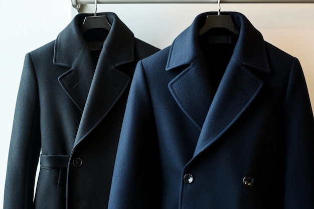 Vector a black coat hanging on a hanger with a black jacket hanging on a rack elegant black wool classic