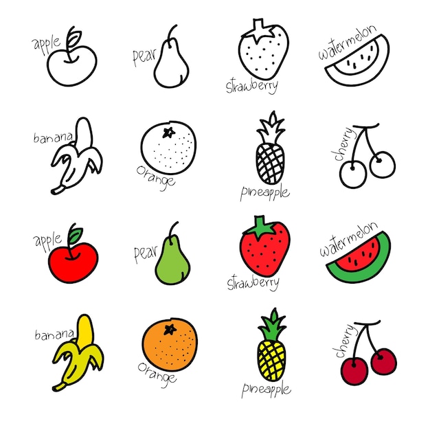 Black and color doodle fruits vector set. Apple, pear, strawberry, watermelon, banana, orange.