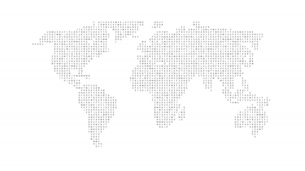 Black color world map isolated on white background. Abstract flat template with letters