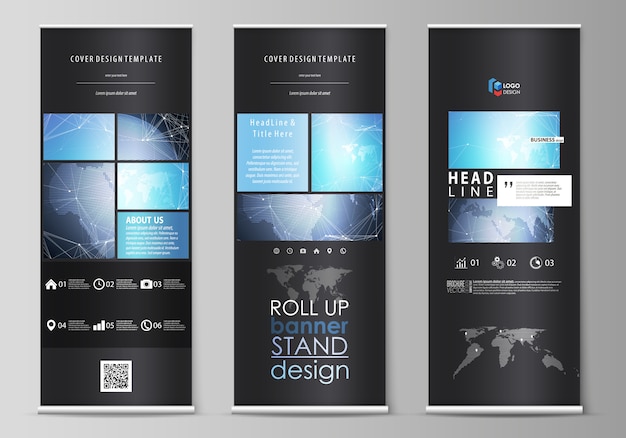 Vector  black colored illustration the layout of roll up banner stands, vertical flyers, flags business templates. abstract global . chemistry pattern, molecule structure.