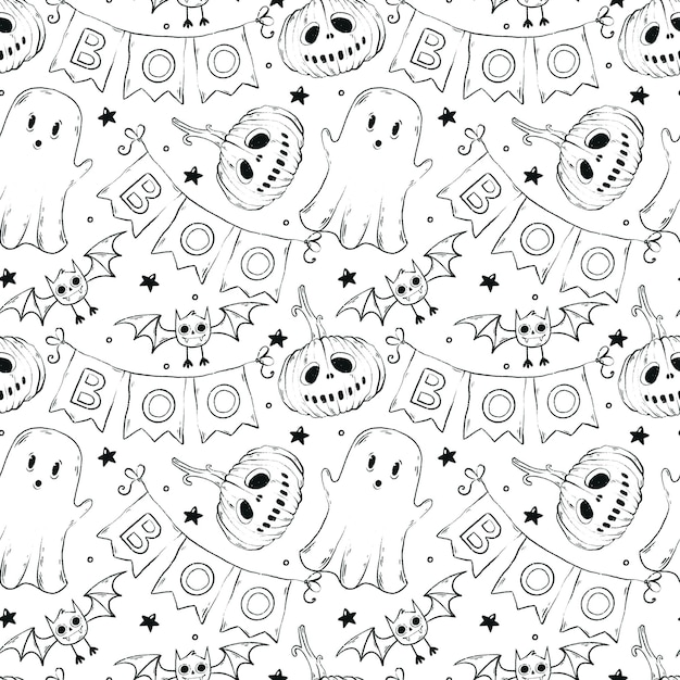 Black contour ghost and Halloween pumpkins seamless pattern