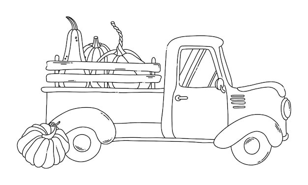 Black contour truck with pumpkins coloring page elements