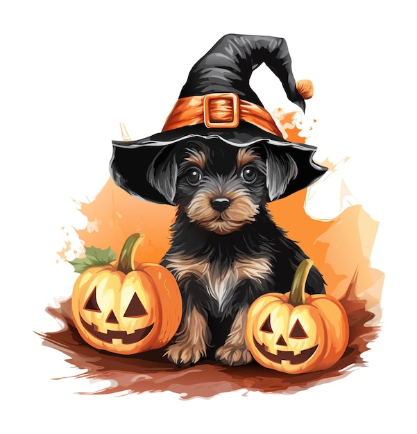 Black corgi dog with halloween hat vector illustration watercolor vector dog with pumpkin on white background