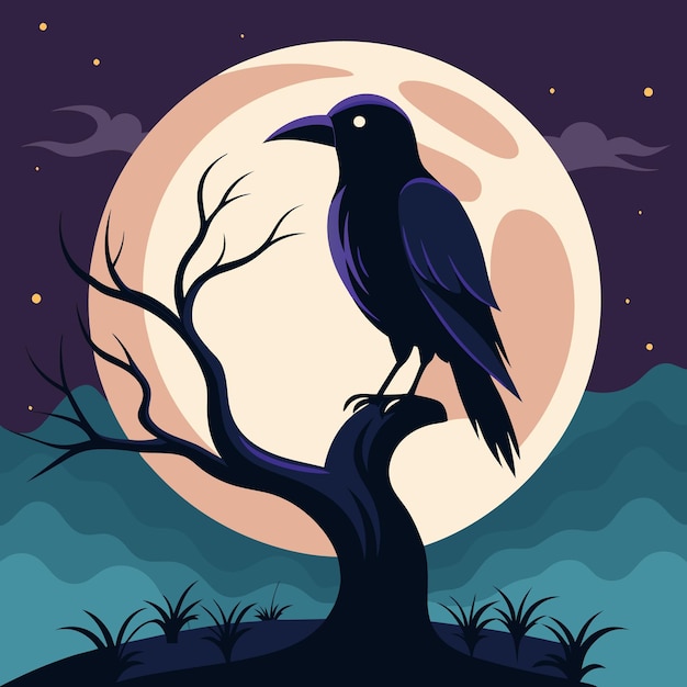 Vector black crow standing on dead tree with crescent moon