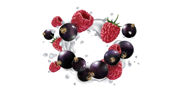 Vector black currants and raspberries in splashes of yogurt or milk.