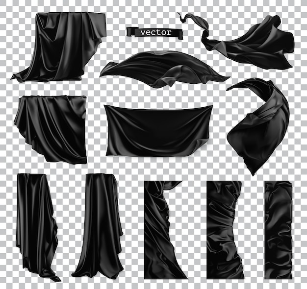 Vector black curtain. drapery fabric 3d realistic set