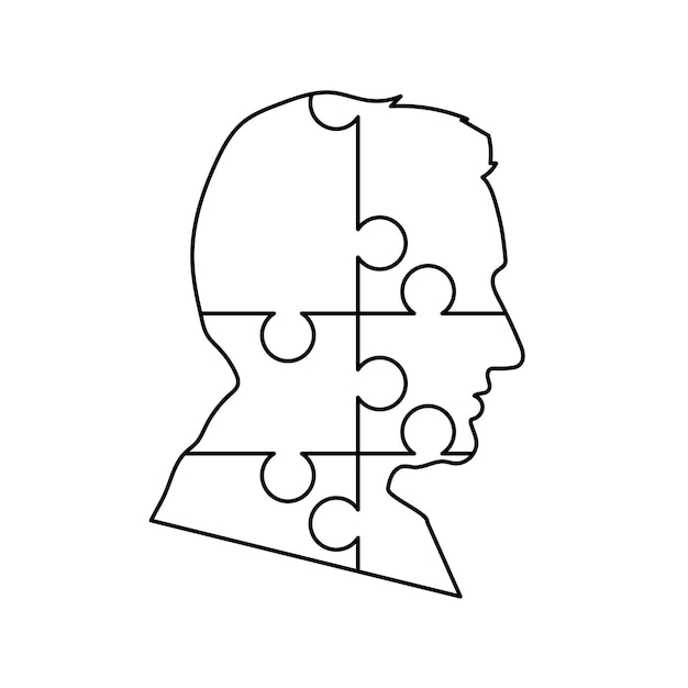 Black detailed mans face profile made up by six puzzles pieces isolated on white