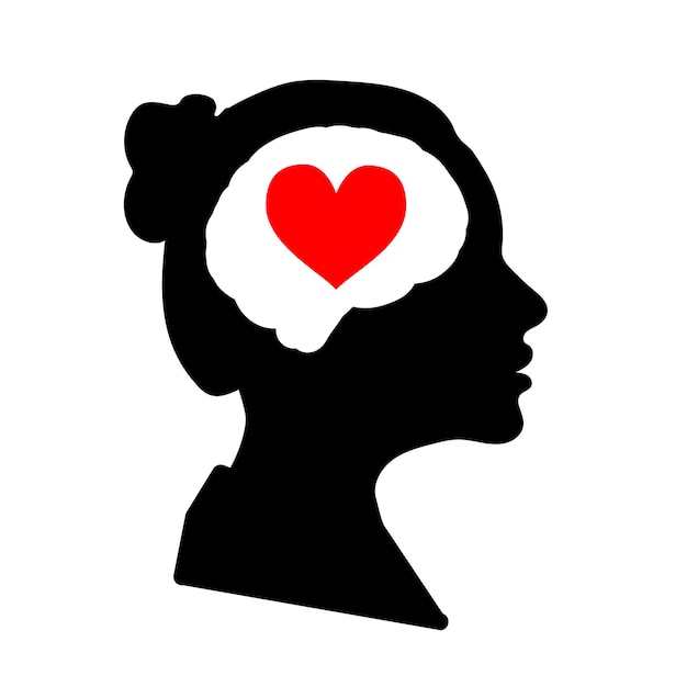 Black detailed woman face profile with red heart in brain isolated on white