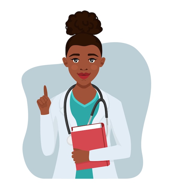 Black doctors character woman with stethoscope. Medical staff, doctor, therapist, professional hospital staff. Vector illustration.