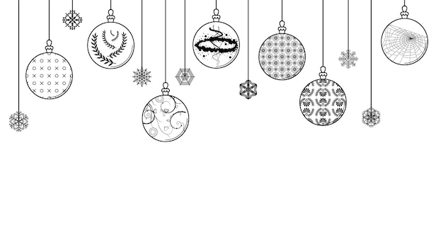 Black Doodle Outline Simple Line Abstract Maerry Christmas Xmas Balls Snowflakes Holiday Decorate