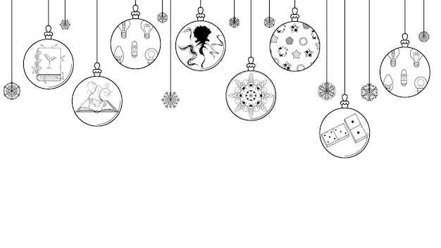 Black Doodle Outline Simple Line Abstract Maerry Christmas Xmas Balls Snowflakes Holiday Decorate