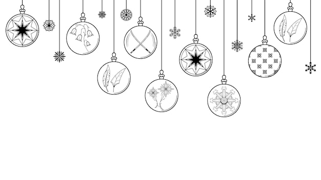 Black Doodle Outline Simple Line Abstract Maerry Christmas Xmas Balls Snowflakes Holiday Decorate