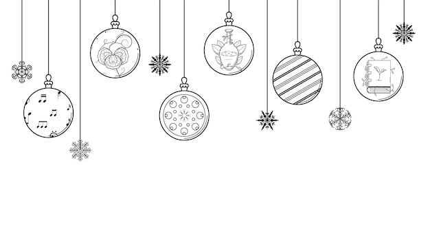 Black Doodle Outline Simple Line Abstract Maerry Christmas Xmas Balls With Snowflakes Holiday Decora