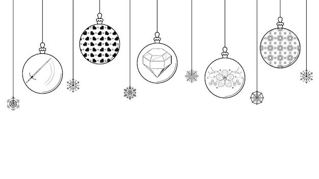 Black Doodle Outline Simple Line Abstract Maerry Christmas Xmas Balls With Snowflakes Holiday Decora