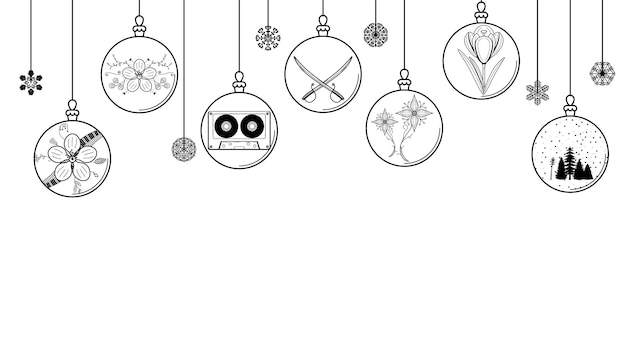 Black Doodle Outline Simple Line Abstract Maerry Christmas Xmas Balls With Snowflakes Holiday Decora