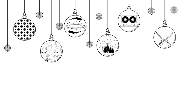 Black Doodle Outline Simple Line Abstract Maerry Christmas Xmas Balls With Snowflakes Holiday Decora