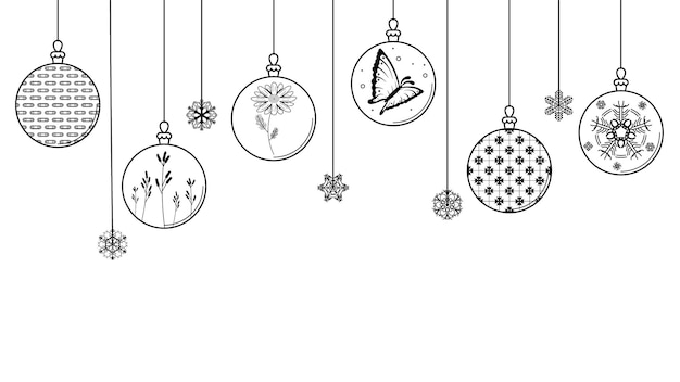 Black Doodle Outline Simple Line Abstract Maerry Christmas Xmas Balls With Snowflakes Holiday Decora