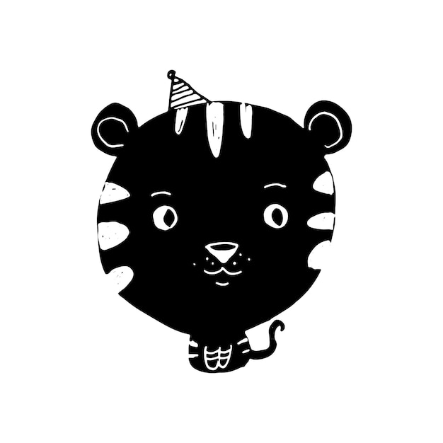 Black doodle tiger illustration with big head and a birthday cap on white background