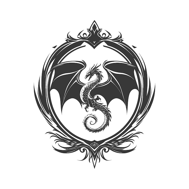 Vector black dragon with wings in ornamental frame