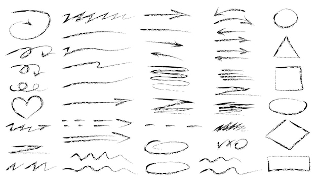 Black dry brush marks pencil squiggles and scribbles hand drawn vector pencil drawing of various