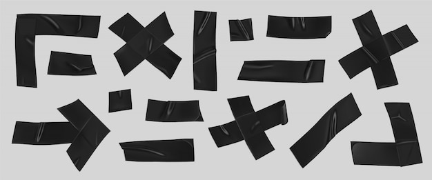 Black duct tape set. Realistic black adhesive tape pieces for fixing isolated