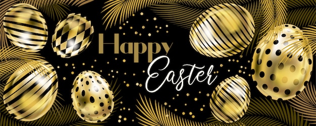 Black Easter banner with golden eggs and palm