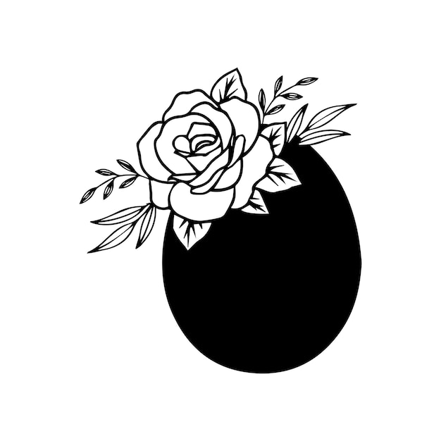 A black egg with a rose in the middle and a black background.