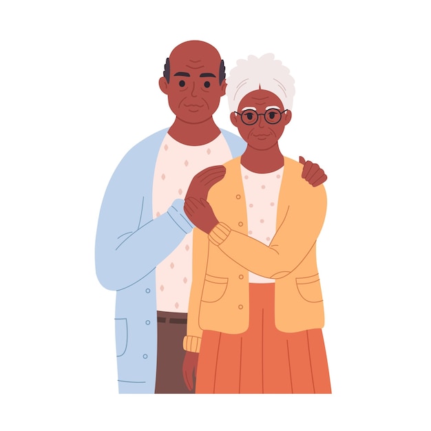 Black elderly love couple hugging. Smiling grandpa and granny. Retired man and woman.