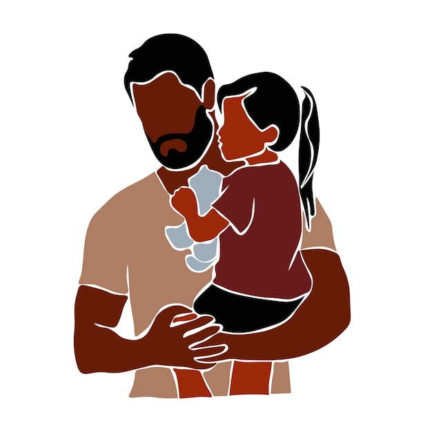 Black father holding daughter in elegant line art style vector