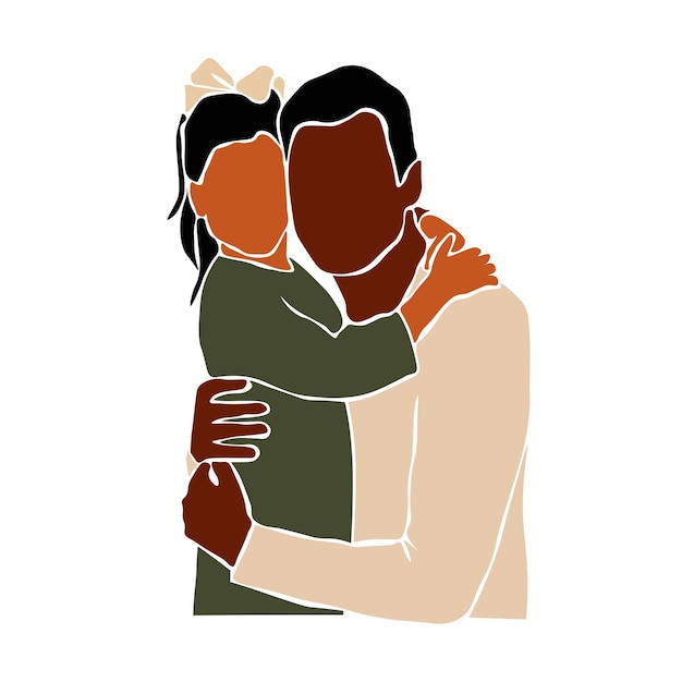 Black father hugging daughter in line art style vector