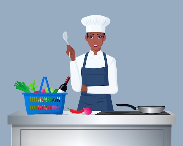 Black Female Cook Chef In Front of Counter Preparing Food Vector Illustration