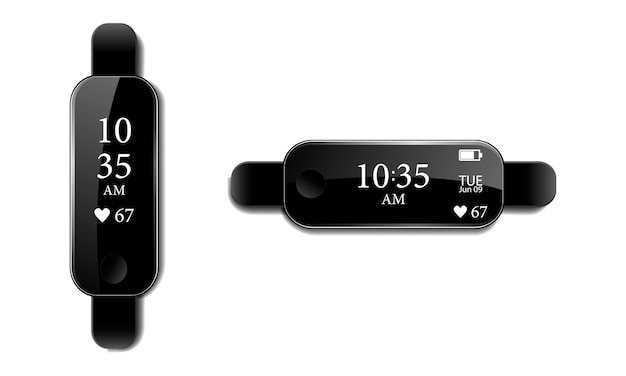 Black fitness bracelet or smartwatch, time, date, battery charge and pulse on the bracelet screen with a glare