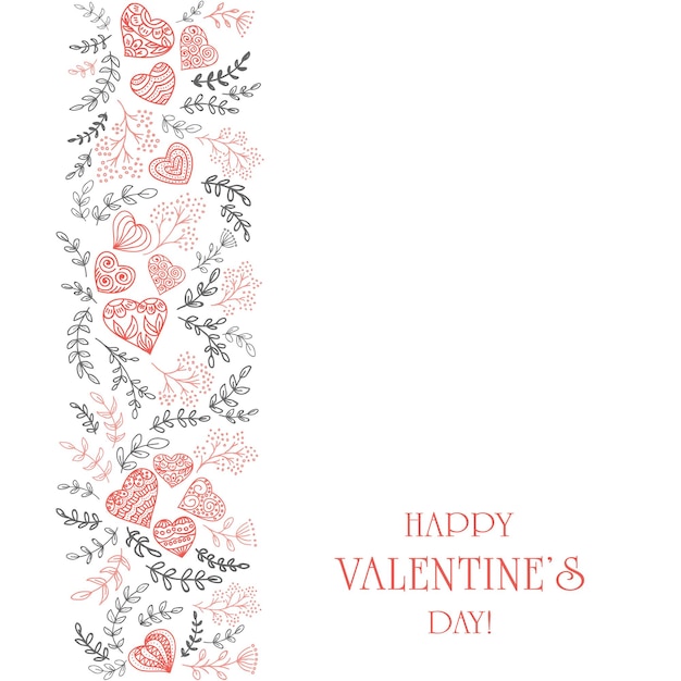 Vector black floral elements with red and pink decorative hearts and lettering happy valentines day on white background, illustration.