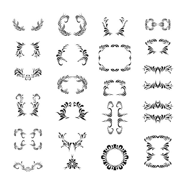 Black floral ornament elements collection isolated on white Ornate frames