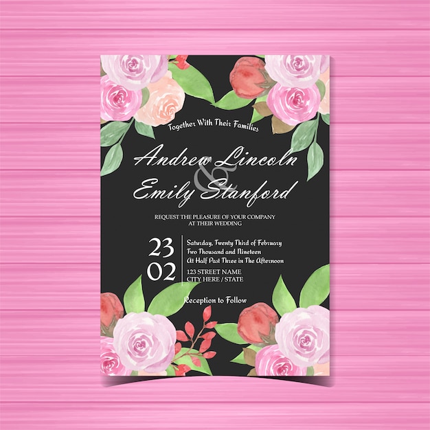 Black Floral Wedding Invitation with Beautiful Roses