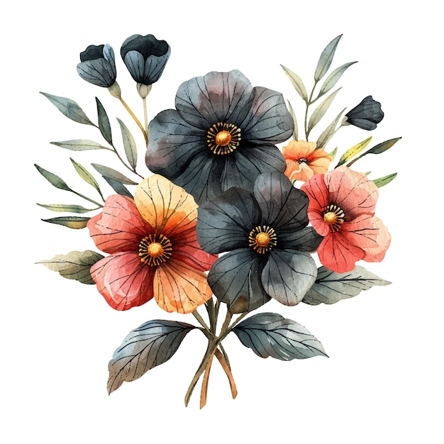 black flowers bouquet vector illustration in watercolor style