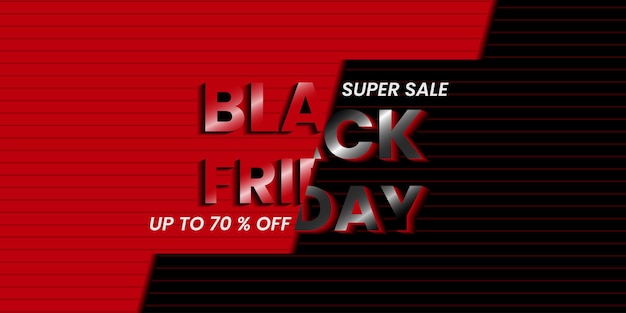 Black Friday banner design with red, black and white typography and horizontal lines pattern