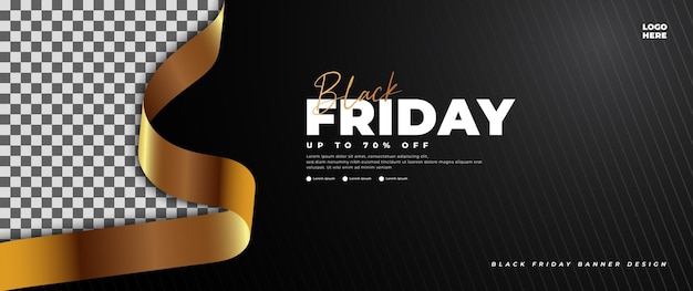 Vector the black friday banner is black and gold with a gold ribbon element perfect for retail