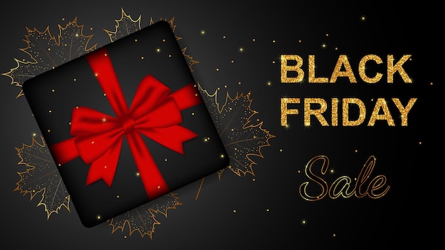 Black friday banner with gift boxes and golden leaves