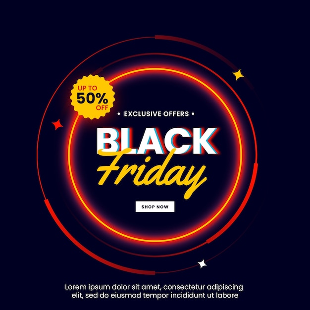 Black friday banner with light circle neon