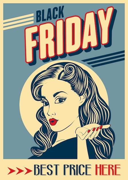 Black friday banner with pin-up girl. Retro style.  