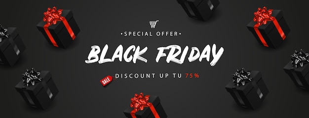 Black Friday banner with realistic black gift boxes. 