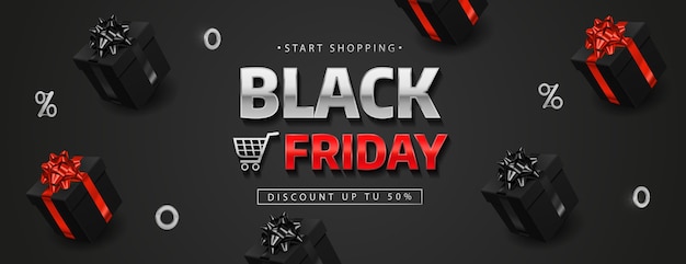 Black Friday banner with realistic black gift boxes. 