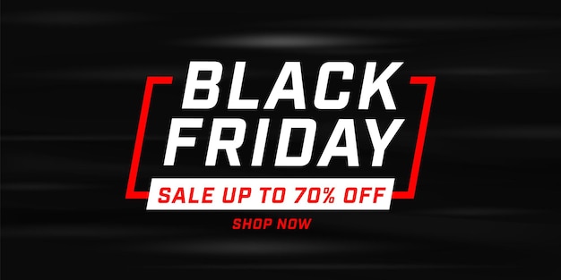 Black Friday banner with sale up to 70 percent price off. Marketing promotion material template with weekend discount announcement and shop now advertising. Poster, placard layout vector illustration