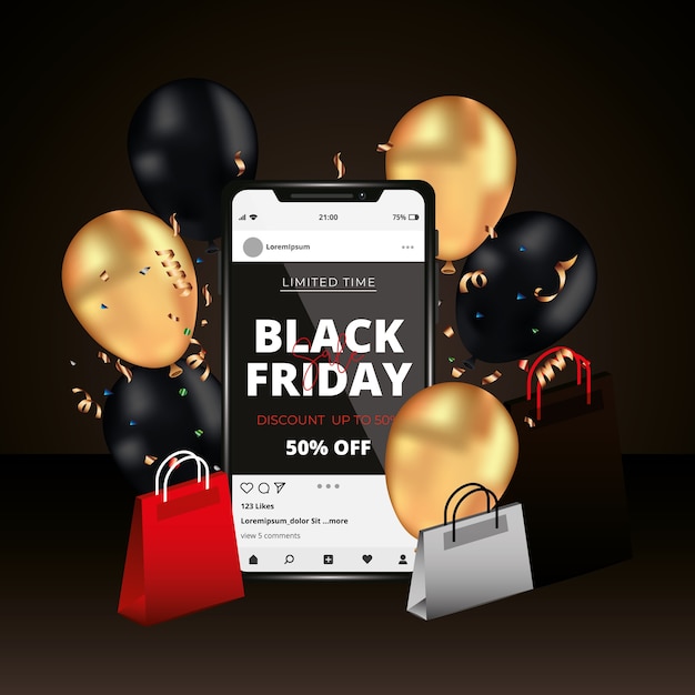 Black friday banner with smartphone between balloons and bags