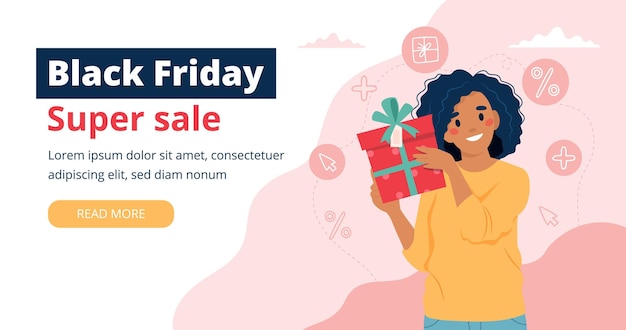 Black friday banner with woman holding a gift box. 